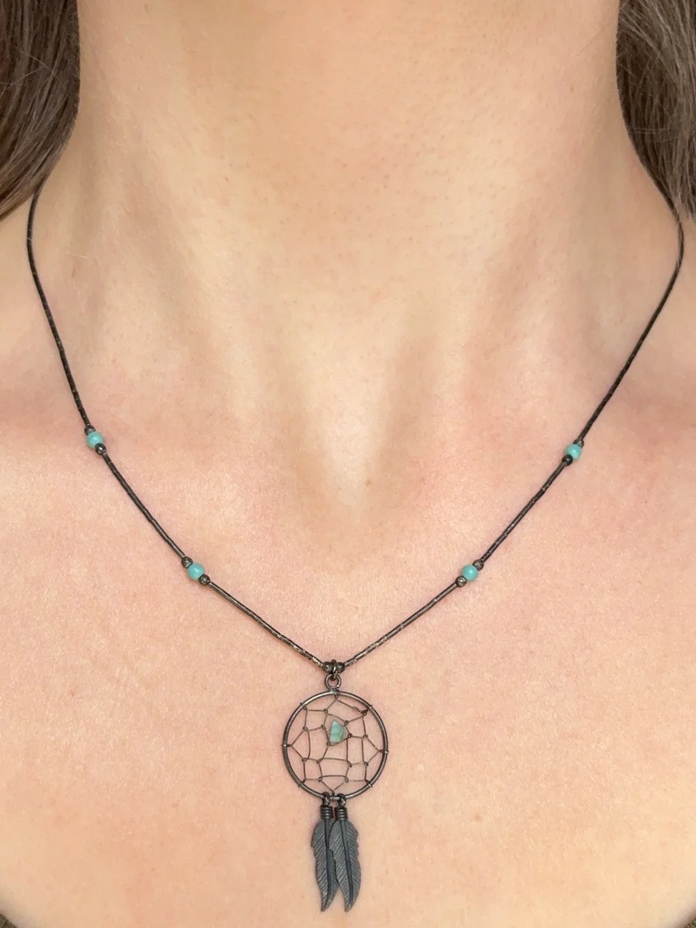 Sterling Silver Navajo Vintage Dream Catcher Turquoise Feather Pendant Necklace